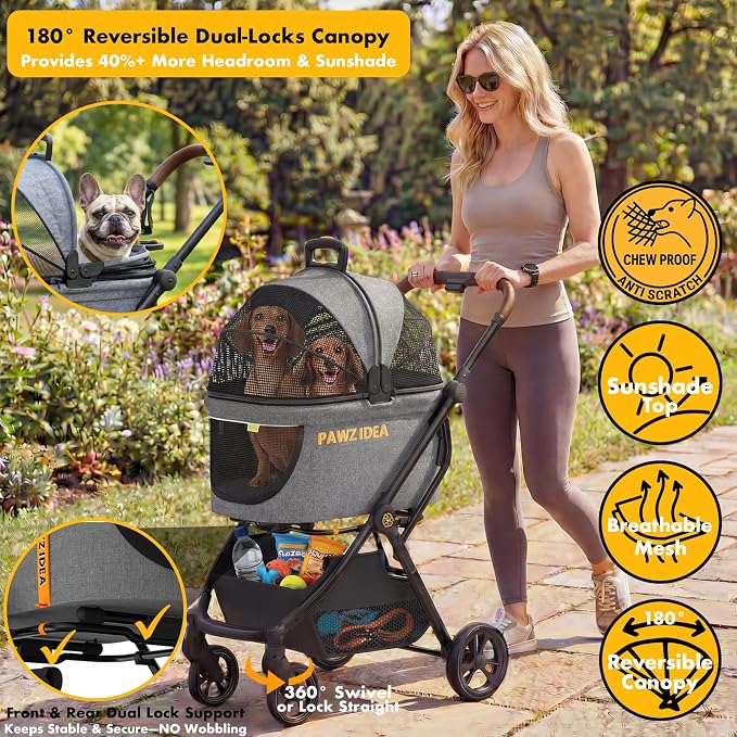 PAWZIDEA Pet Stroller 4-in-1, Foldable Cat Stroller with Detachable Carrier | Escape-Proof No-Zip Canopy, Portable Travel Crate & Car Seat Combo, for Small to Medium Dogs & Cats up 33 lbs, Storage Basket