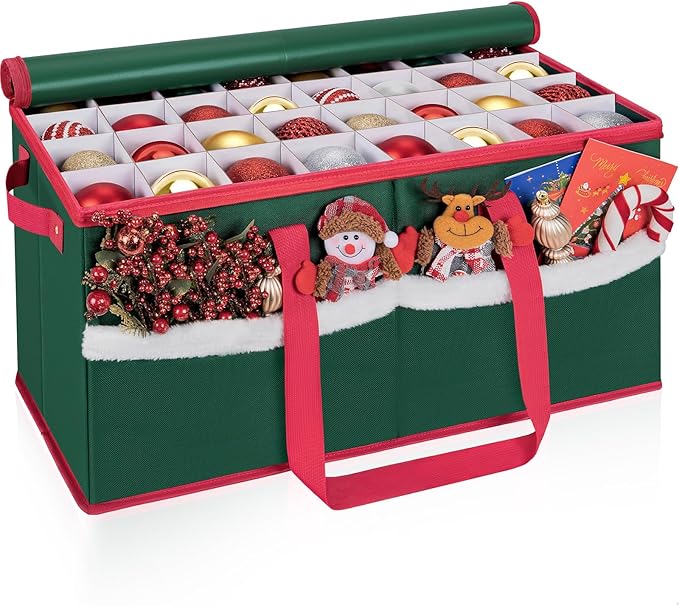 Christmas Ornament Storage Box with Adjustable Dividers Zippered Top Stores up to 128 Holiday Ornaments (3 Inch) Xmas Ball Decorations Organizer Storage Container Bin