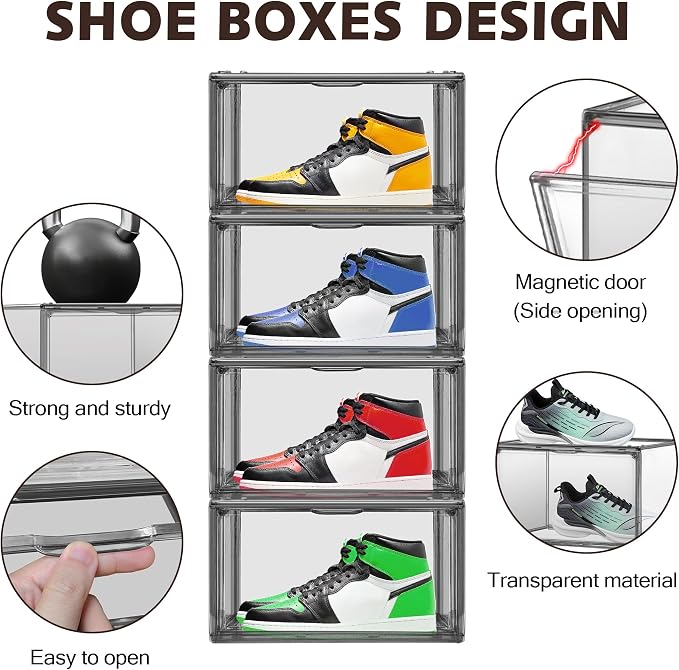 2 Pack Black Acrylic Shoe Boxes, Space-Saving Everyday Sneaker Storage | Size 12, SPACE-SAVING STACKABLE DESIGN – Build upward to organize shoes while using less closet, shelf or floor space.
