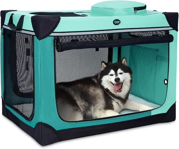 Ownpets Collapsible Dog Crate, 42 inch Portable Travel Dog Crate for Large Dogs, 4-Door Foldable Pet Kennel with Durable Mesh Windows & Soft Mat | Foldable, Portable, 4-Doors, 4-Side Mesh Windows, Steel Frame Oxford Cloth, Soft Cushion Mat, Leash, Easy...