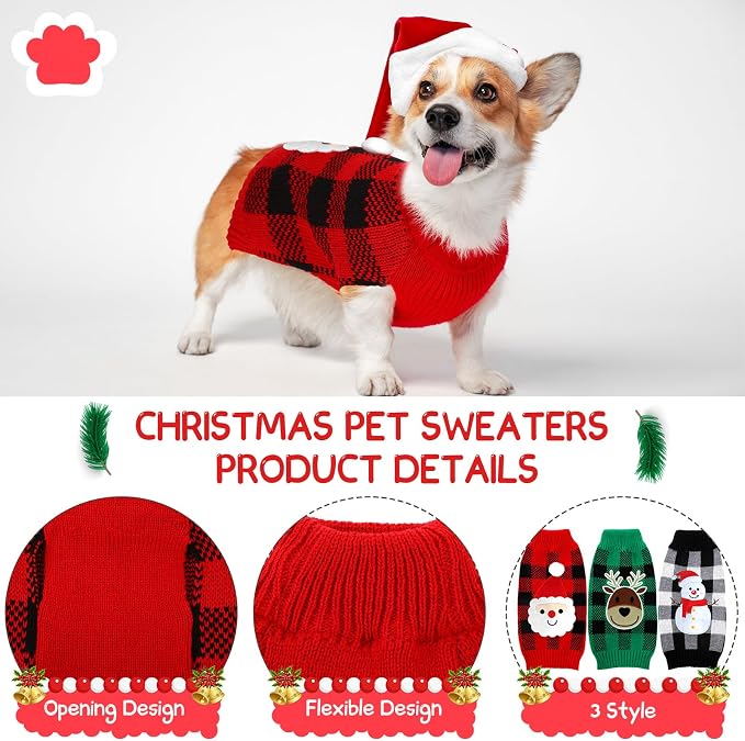 Sanwuta 3 Pack Dog Christmas Sweater Knitted Santa Reindeer Snowman,Medium | Festive Holiday Outfit, Turtleneck Knit Plaid Design, Winter Party Photo Props, Cozy Pet Costume for Small Dogs