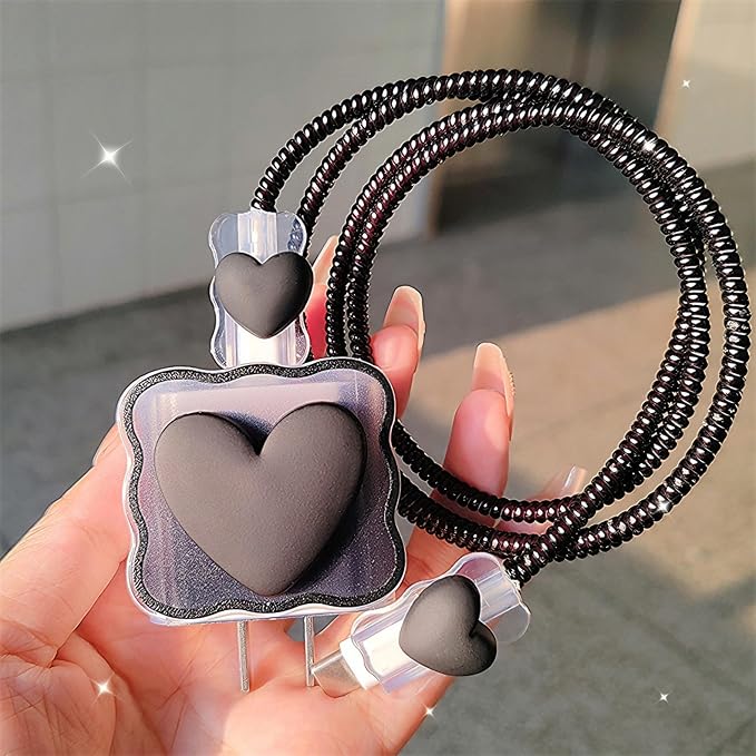 Cable Protector Charger Cover for iPhone iPad 18W/20W Charger Adapter,Kawaii Love Heart Charger Cord Protector,Soft Phone Cord Protector for iPhone iPad 18W/20W USB-C 1112 13 14 15 16 17 Pro Max-Black