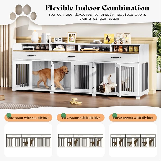 AMERLIFE 95" Dog Crate Furniture with Storage for Medium/Small Dogs | 3-Room Indoor Wooden Dog Kennel, TV Stand & Sideboard with Drawers & Removable Divider, White+Barnwood