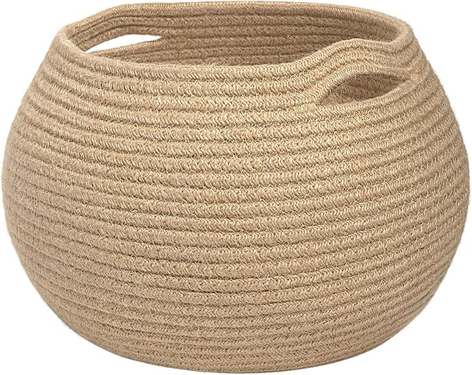 Goodpick Round Small Wicker Storage Basket for Shelves, 10" x 8.3", Jute | Decorative Woven Basket for Toy Storage, Baby Gift Basket with Handles, Fits Living Room & Nursery Décor, Plant Baskets