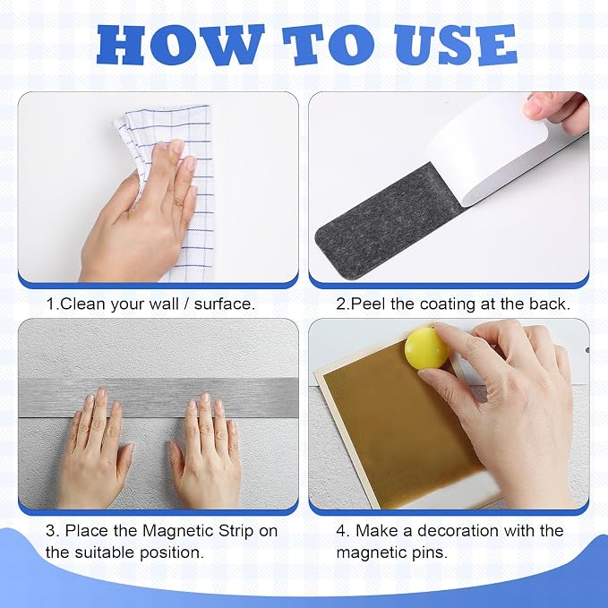 Outus 6 Pcs Magnetic Wall Strips 15" x 2", 48 Magnets, Silver, Black, White | Metal display strips for notes, photos and memos; ideal for office, home, classroom and workspace.