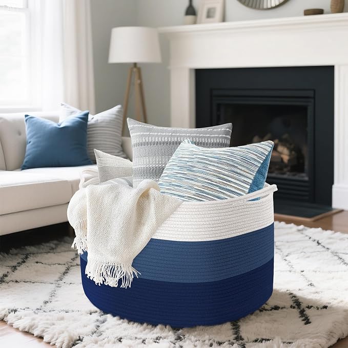 Maliton Woven Rope Blanket Basket Living Room, Storage Basket for Toy, 90L | 22"x14" Cotton Rope Basket. Holds blankets, Toys & Towels & Laundry. For Bedroom, Nursery, Bath & Playroom. Soft & Durable