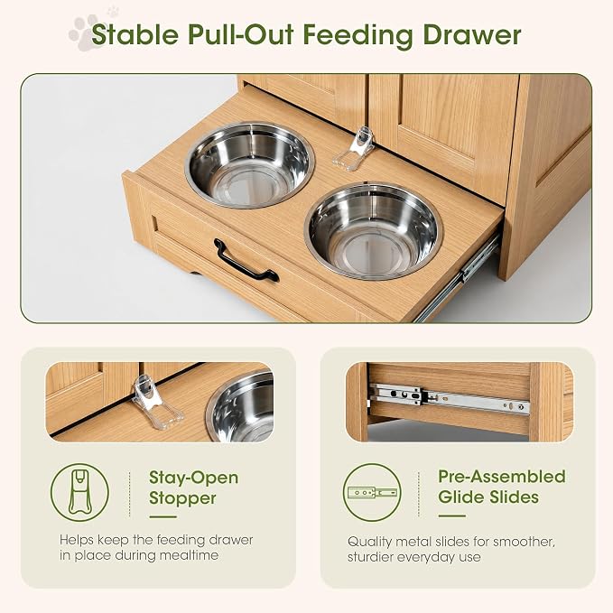 Dog Cabinet, Dog Feeding Station with Hidden Pull-Out Feeder, Oak | 5.9" Elevated Feeding Height, 2 Stainless Steel Bowls, Adjustable Shelf, 3 Side Hooks, Dog Food Storage Organizer