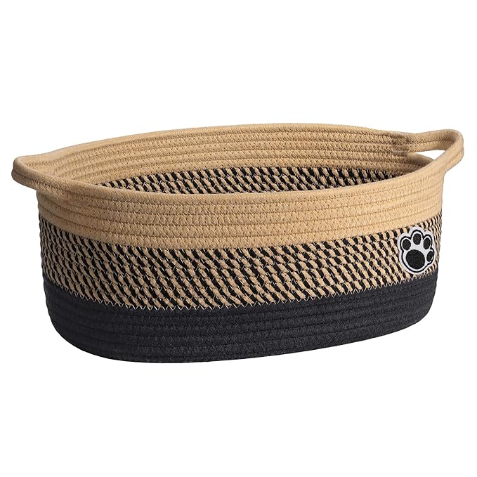 Medium Woven Rope Dog Toy Basket with Paw Print, Black Brown | 13.6"x 10" x 6", Dog Toy Bin & Box With Handles, Gift Basket for Pet Cat, Storage Basket for Baby Shower, Closet, Living Room