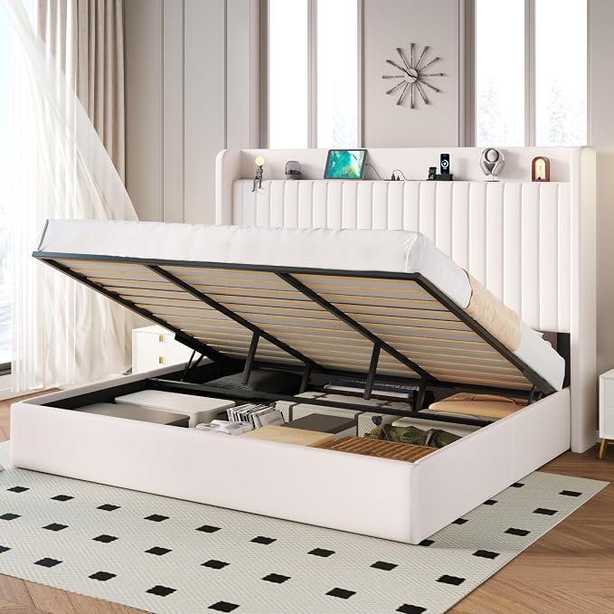 SHA CERLIN King Size Lift Up Storage Bed Frame, Charging Station, White | Storage Headboard with Charging Station, USB, Type-C Port Velvet Hydraulic Storage Bed No Box Spring Needed Noise Free