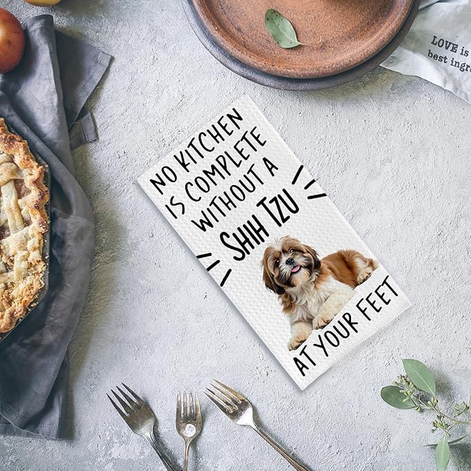 Funny Shih Tzu Kitchen Towel,A Kitchen is Not Complete Without A Shih Tzu Waffle Weave Tea Towels for Kitchen Bathroom Home,Shih Tzu Gifts for Women,Shih Tzu Lover Gift,16×24 Inch