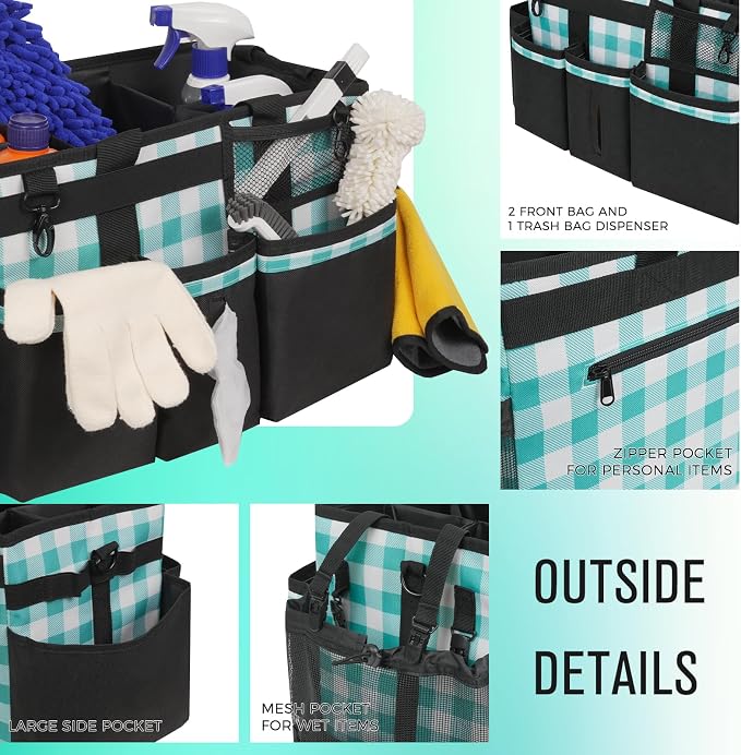 SCAVATA Wearable Cleaning Caddy, Cleaning Caddy Supplies Organizer with Handle & Shoulder Straps for Housekeepers, Under Sink & Car Cleaning Tool Organizers Bag with 4 Foldable Divider (BluePlaid)