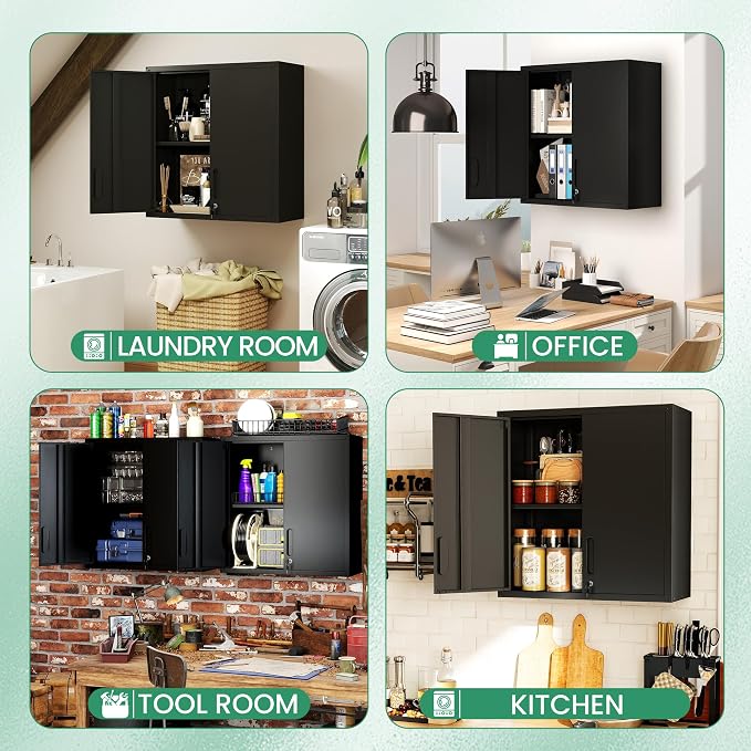Garage Wall Cabinet,29.5" W Wall Mounted Garage Cabinets with Adjustable Shelf,Heavy Duty Lockable Metal Cabinet,Secure Hanging Tool Cabinet for Basement,Laundry Room,Basement,Workshop,Black