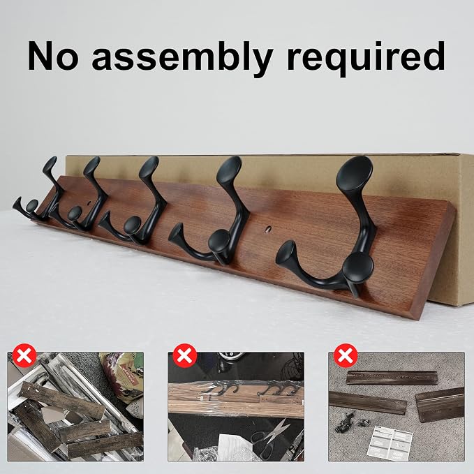 SKOLOO 24-Inch Wood Coat Rack Wall Mount with 5 Triple Hooks - Ideal for Family Entrances, Classrooms, and Pet Supplies Storage - Perfect Coat Hooks for Wall,Mahogany (Sapele), Pack of 2
