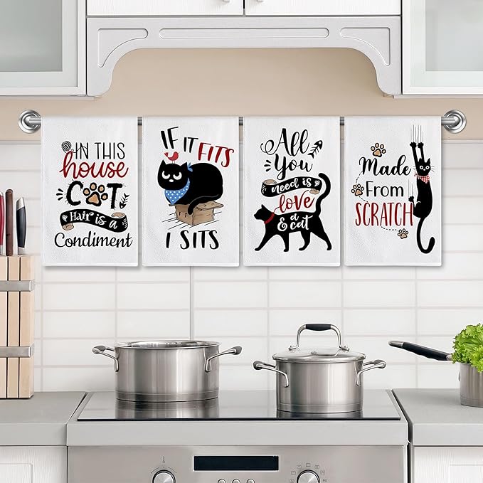 Bonsai Tree Cat Kitchen Towels Set of 4, Cat Lover Gifts for Mom Women, Cute Funny Dish Tea Towels Housewarming Gifts for New Home Decor