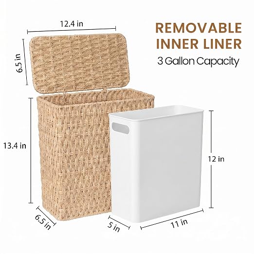 Wicker Trash Can,3 Gallon Bathroom Trash Can with Lid,Handwoven Paper Rope Rattan Waste Basket with Removable Liner and Built-in Handles for Bedroom,Toilet,Narrow Spaces,Natural