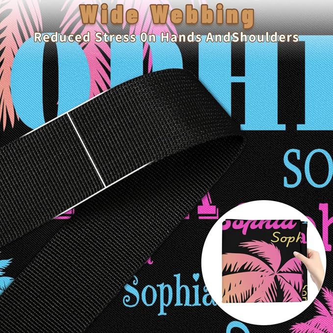 Custom Comforters Storage Basket with Lid, Personalized Name Large Organizer Bin for Children Toys, Books, Clothes, Perfect for Rooms/Playroom, Pink Blue Yellow Tropical Trees Names Black Background