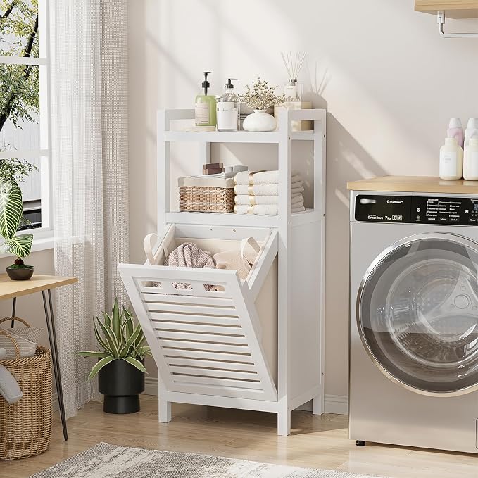 Homykic Tilt Out Laundry Hamper Cabinet, 10 Gal Bamboo Laundry Organizer | Wooden Laundry Basket with Removable Bag, Hidden Hamper with Shelf for Clothes, Bathroom, Laundry Room, Space Saving, White
