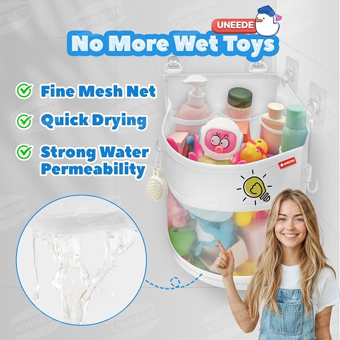 UNEEDE 3.5 Gallons Corner Mounted Versatile Bath Toy Organizer | Mesh Shower Caddy for Bathtub Toy Organizer and Storage, Quick Dry Bath Toy Holder