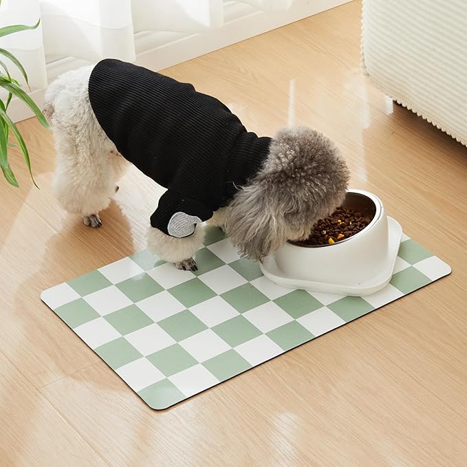Ralxion Checkered Dog Feeding Mat, Absorbent Mats for Dog Food and Water Bowl, Dispenser, Modern Aesthetic Sage Green Checkerboard Pet Placemat for Dogs, Cats, Puppy, 16" X24”