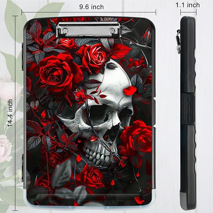 Red Rose Skull A4 Clipboard with Storage Pen Holder, Clipboards Organizer Nursing Clipboard Foldable File Folder Plastic Clipboard Folio Clip Board for Office Students Classroom Doctor
