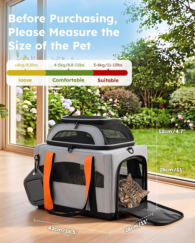 Pecute Cat Carrier,Top Expandable Dog Crate for Travel, Grey