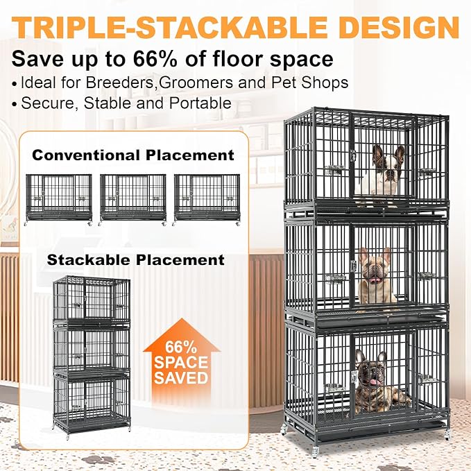Homey Pet 3 Pack Three Tier 37" Heavy Duty Stackable Dog Crate with Wheels | Drop Cages for Dogs with Escape proof Locks, Tray, Bowl, Open Top, for Small and Medium Dogs, Breeders and Multi-dog Homes