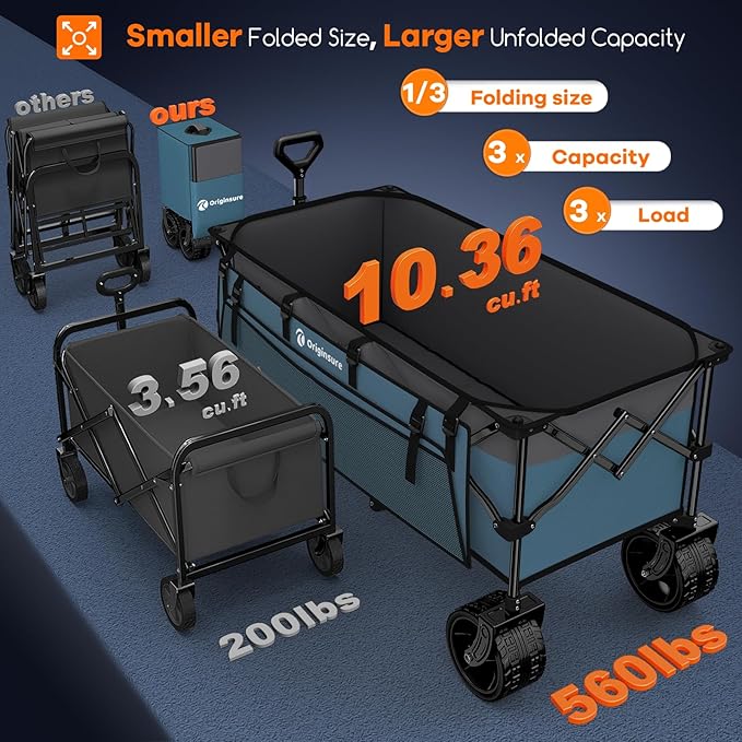Originsure 300L Beach Wagon Cart Foldable with Big Wheels,560lbs,Grey&Blue | 48" Folding Utility Wagon,7" All-Terrain Wheels,Heavy Duty Frame,Compact&Space-Saving,for Camping,Sports,Grocery,Garden