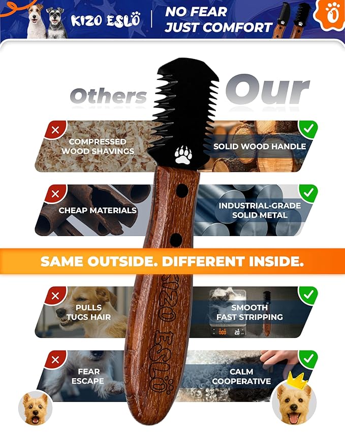 2 in 1 Stripping Knife for Dogs – Gentle Hand Stripping & Carding Knife for Terriers & Double-Coated Breeds, Solid Sapele & Black Oxide Stainless Steel,Easy to Clean,Dog Grooming Tool(Right-Handed)