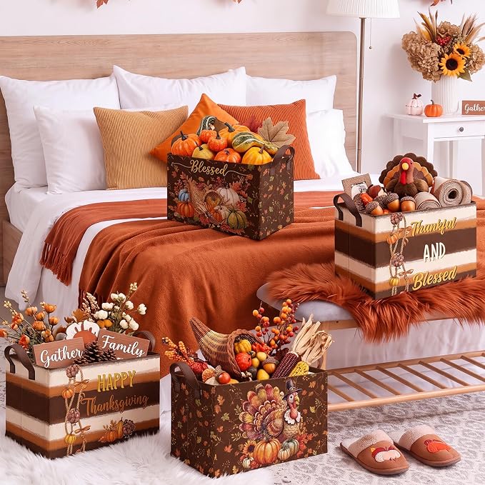 4 Pcs Fall Storage Basket for Gifts Empty Large Thanksgiving Turkey Storage Bins with Handles 15 x 10 x 8 Fabric Laundry Baskets Harvest Collapsible Organizer Boxes for Home Clothes Toys Books
