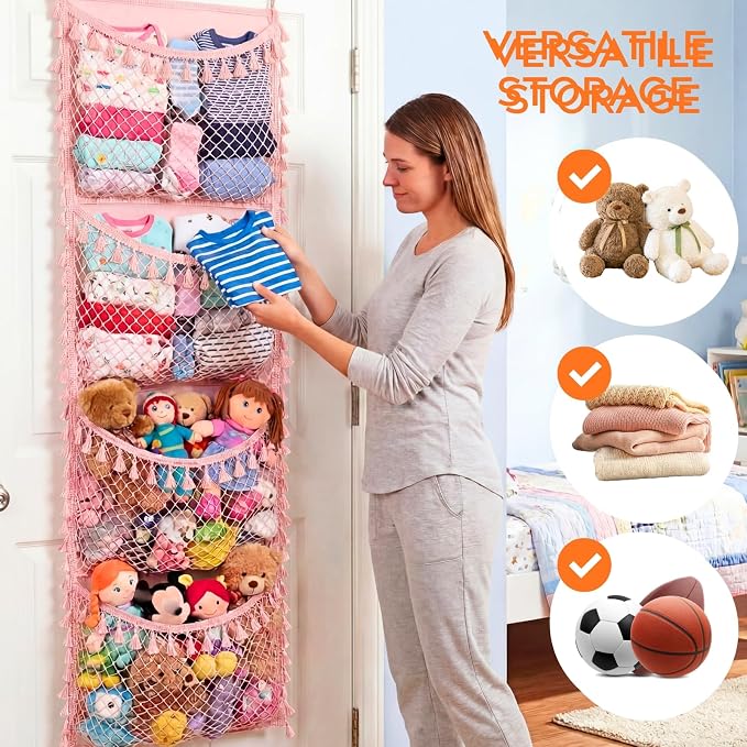 Over The Door Stuffed Animal Storage | Toy Organizer for Storage Plush Toys, Stuffed Animal Holder with 4 Large Pockets, Hanging Door Organizer for Nursery