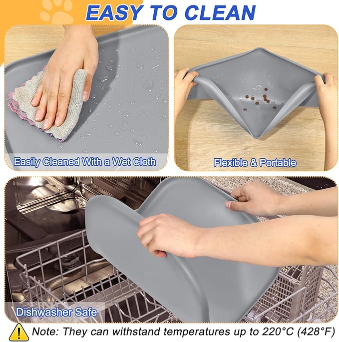 SMILOOL Silicone Pet Feeding Mat with Raised Edge for Food and Water, Dog Bowl Mats, Cat Bowls Placemat with High Lip for Floor Waterproof, Rubber Tray for Cats and Dogs 22 x 14 x0.8 Light Gray