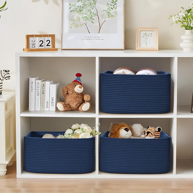 4 Pack Large Storage Basket for Organizing, 17.5"x13"x7" Woven Basket for Shelves, Closet Cube Storage Bins with Wrapped Handle, Cotton Rope Baskets for Kitchen, Clothes, Toys(Navy Blue)