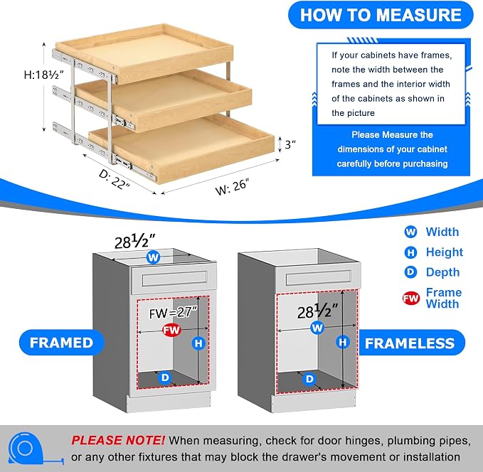 WelFurGeer 3-Tier Pull Out Cabinet Organizer with Soft Close, Heavy-Duty Pull Out Drawers for Cabinets, Slide Out Shelf for Kitchen, Pantry, Bathroom & Under Sink, Solid Birch Wood