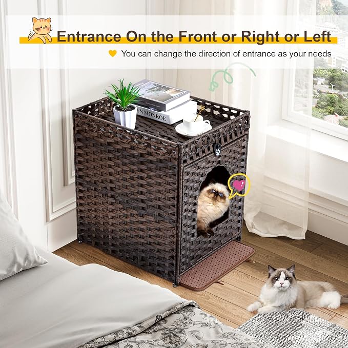 Snughome Cat Litter Box Enclosure Furniture Hidden with Litter Mat, Hidden Cat Washroom Furniture with Door, Handwoven Rattan Cat Washroom Box, Indoor Pet House for Living Room, Bedroom (Brown)