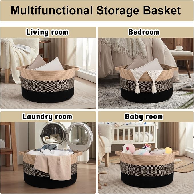 OIAHOMY 90L Extra Large Blanket Basket - Decorative Cotton Rope Storage Basket for Bedroom, Living Room & Nursery - Woven Laundry Hamper for Organizing Blankets, Clothes & Toys - Yellow and Black