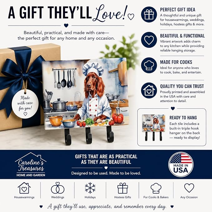 Caroline's Treasures Irish Setter The Chef Leash or Key Holder Wall Hooks, Key Hooks Holder, Coat Rack Wall Mount, Coat Hooks, Hooks for Hanging Keys, Towels, Aprons, Leashes | Irish Setter The Chef artwork on ceramic tile with three steel hooks for ke...