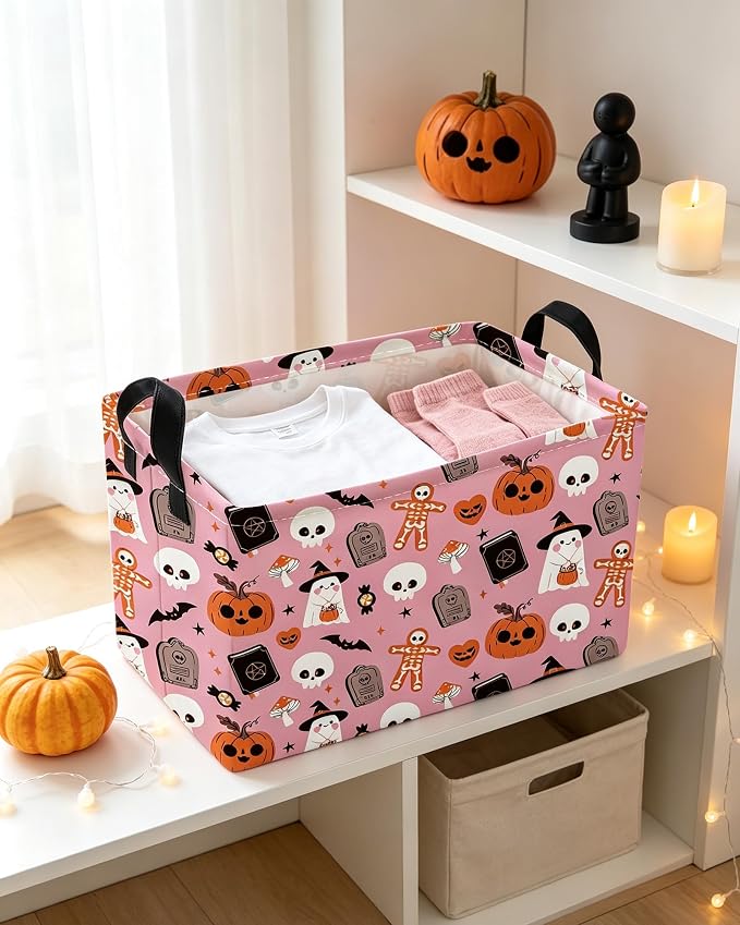 Essme Rectangular Halloween Basket,Pink Storage Bins Organizer with Handles for Room Decor, Gift Basket.(Magic Halloween)