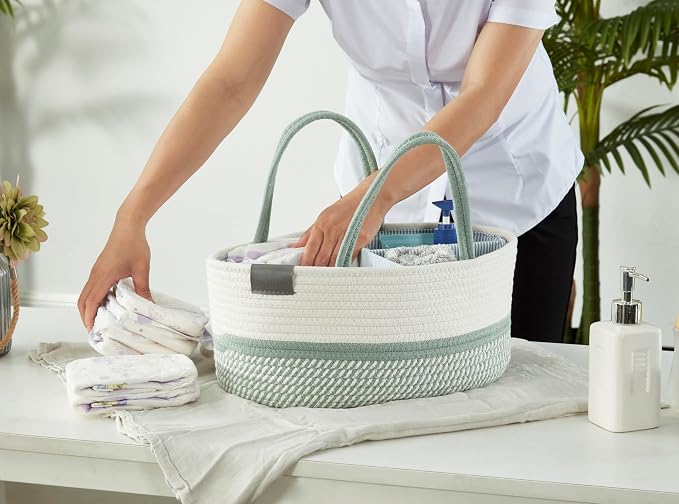 DECOMOMO XL Baby Caddy Organizer, Extra Large Diaper Caddy Basket | Baby Baskets for Baby Shower Gifts (Sage Green & White)