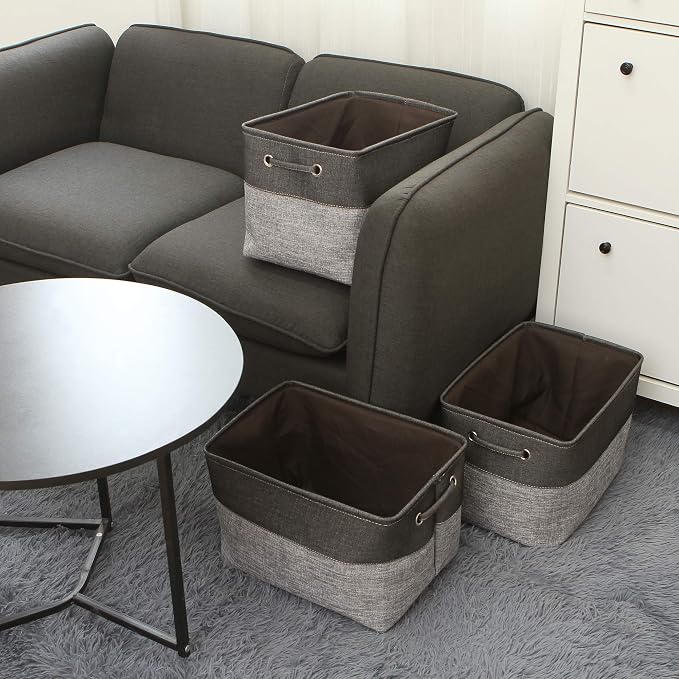 Sea Team Large Rectangle Canvas Open-Top Storage Baskets, 3-Pack | Collapsible Fabric Storage Bins with Handles, Closet Shelf Organizers, 15 x 10 x 10 Inches, Gray & Black