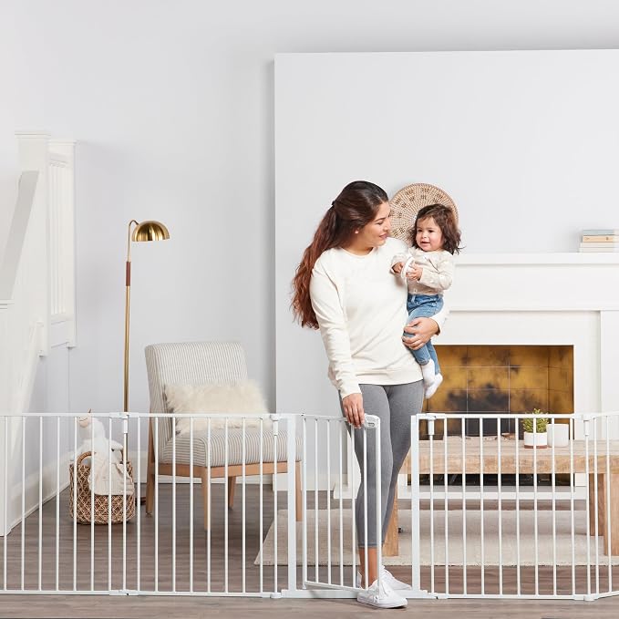 Regalo Safety 51.5"-144" Metal 2-in-1 Super Wide Baby Gate & Play Yard | Adjustable Playpen, For Doorways & Open Spaces, For Babies, Toddlers & Pets, White, Tested & Trusted for 30 Years