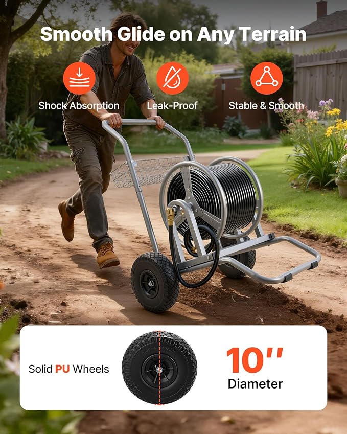 VEVOR Hose Reel Cart, 200/300ft High-Pressure Garden Hose Cart, Hoses Reel Carts with Two Wheels, Handle & Heavy-Duty Mesh Storage Basket, Dual-Purpose Portable Hoses Reels for Garden, Car, Pet
