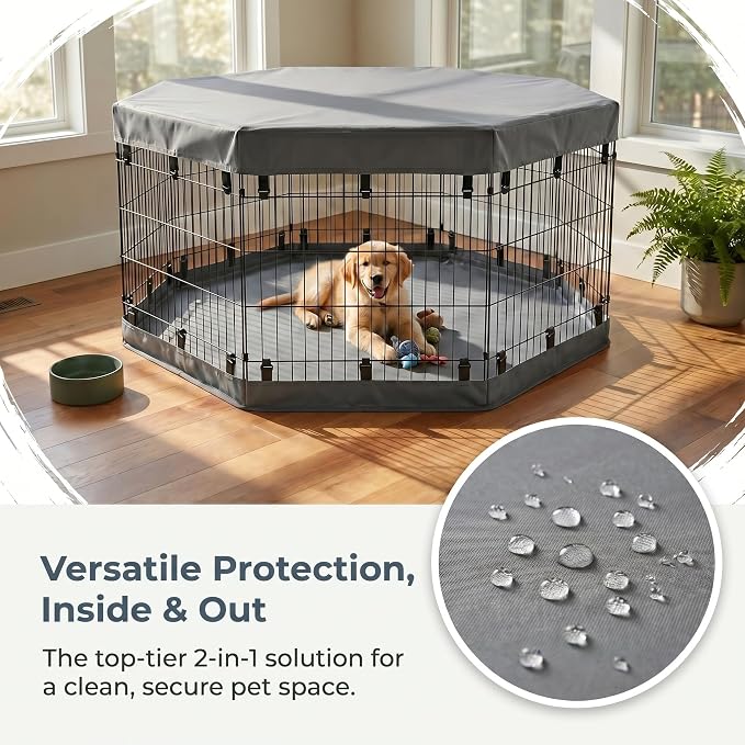 PJYuCien 2-in-1 Octagonal Dog Playpen Bottom Pad for 24" Side Pen, Gray | Dual-function Pad, For Puppy Small Animals, Protects Floors, Easy Clean, 600D Oxford, Snap Hooks