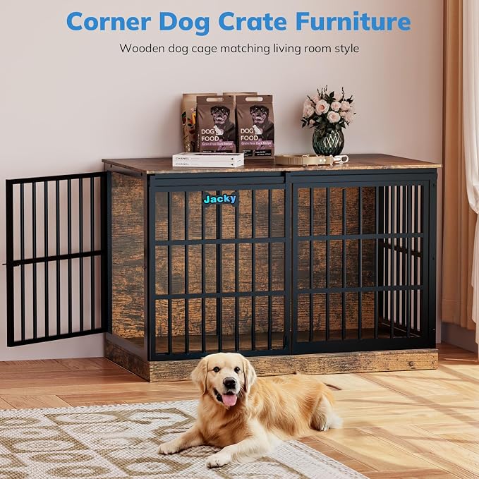 Petrova 47" Dog Crate Furniture for Large/Medium Dogs, Heavy Duty Dog Kennel Indoor with Name Tag, Wooden Dog Cage with Sliding Barn Door, Decorate House as TV Stand, End Table, Brown