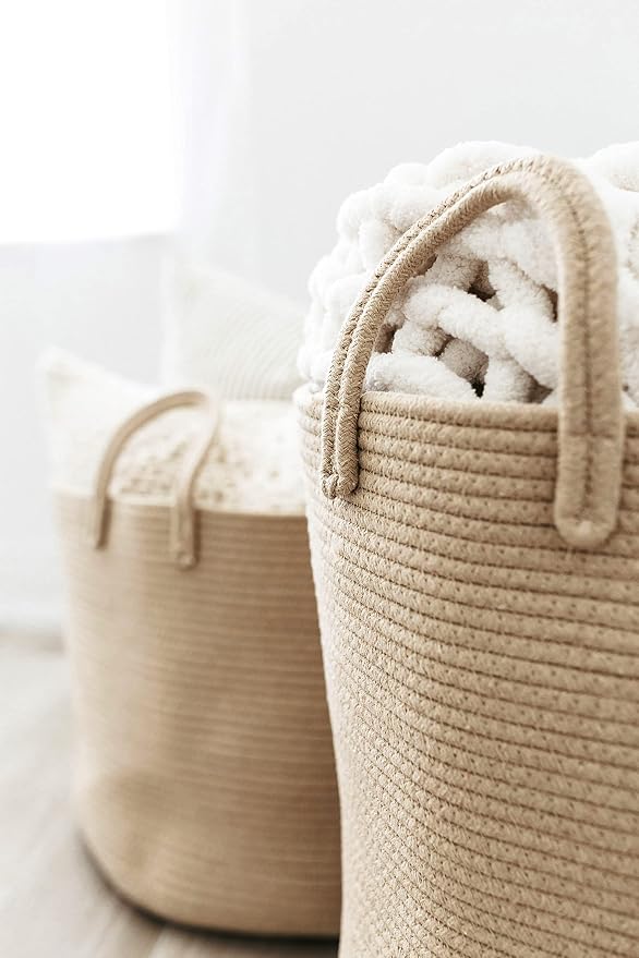 OrganiHaus Round Toy Basket & Blanket Basket, Cotton Rope 20x13" | Full Honey - Round Cotton Rope Basket, 20x13"