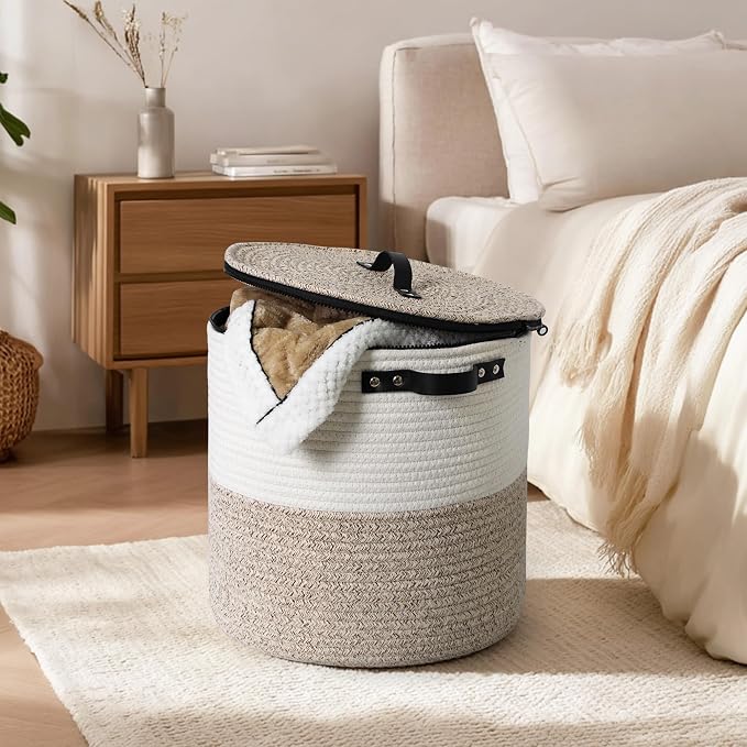 Storage Basket with Lid, 18"x14" Large Woven Blanket Storage for Living Room, Round Cotton Rope Bin with Zipper Top, Shoe Basket with Lid for Entryway, Floor Kids Dog Toy Bin Box with Cover