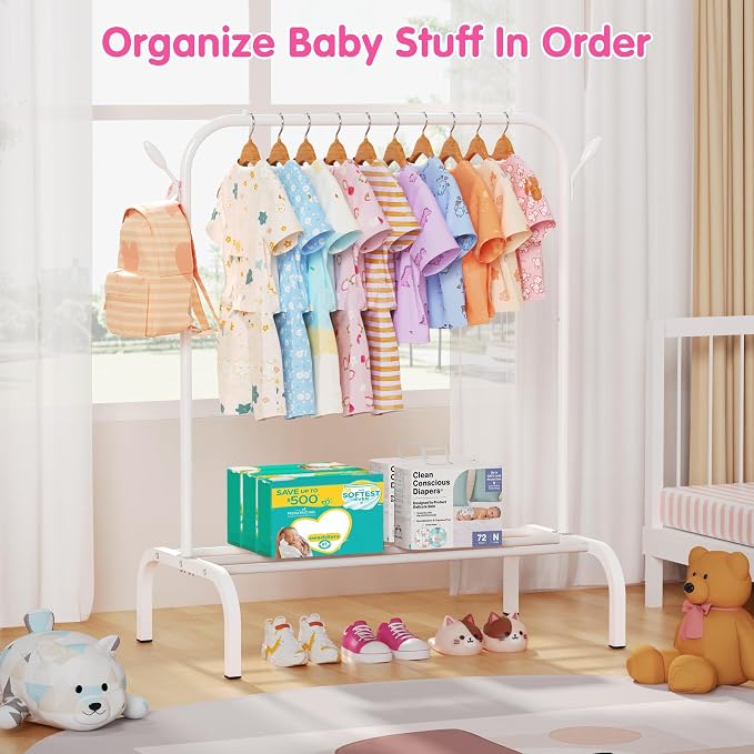 Kids Clothes Rack for Ages 3-6, Montessori Kids Clothing Rack, White | Kids Dress up Rack with Bottom Shelf & Side Hooks, Toddler Wardrobe Rack for Bedroom, Playroom, Nursery & Small Room Storage
