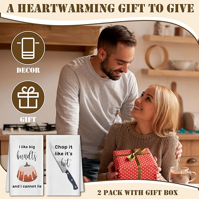 Kitchen Towels Set of 2, Bundts and Knife Dish Towel for Kitchen, Decorative Hand Towels for Bathroom, Fast Drying Tea Towel with Funny Sayings, Housewarming Xmas Gifts for Women Mom -B15