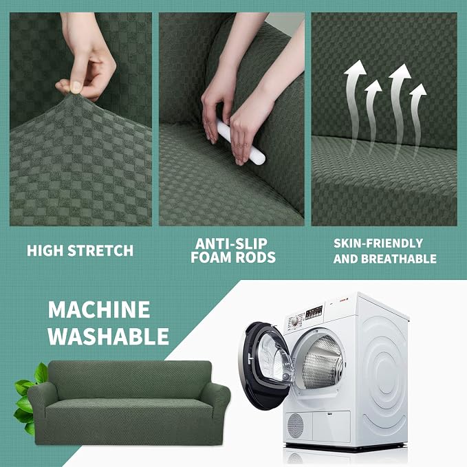 YEMYHOM Couch Cover Latest Jacquard Design High Stretch Sofa Covers for 3 Cushion Couch, Pet Dog Cat Proof Slipcover Non Slip Magic Elastic Furniture Protector (Large, Army Green)