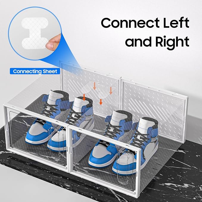 Large Shoe Organizer Storage Box with Magnetic Door,12 Pack Clear Plastic Stackable Sneaker Containers for Closet, Connect Left and Right Shoe Box for Entryway, Drop Front, Under Bed (White)