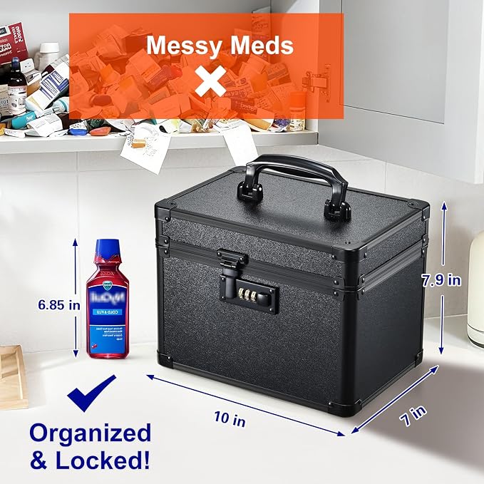 Lockable Security Storage Box - Shiny Black Safe Combination Lock Box, Cabinet Med Organizer, 10 x 7 x 7.9 Inches Safe Case for Documents, Valuables, Medicine & Money